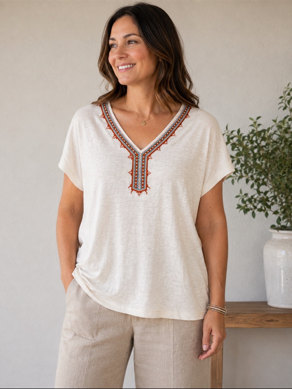 J. Jill Cream V-Neck Embroidered Blouse Large Cream Linen Blend Boho Relaxed Top